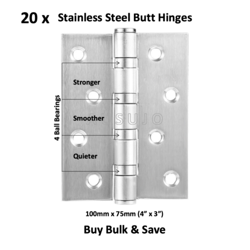 20 x Stainless Steel 100mm X 75mm / 4″X3″ Butt Door Hinges Ball Bearing Heavy Duty