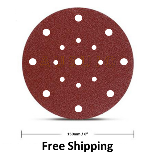 Free Shipping: 150mm / 6″ 17 Hole 40 – 1000 Grit Round Sanding Discs Hook Loop