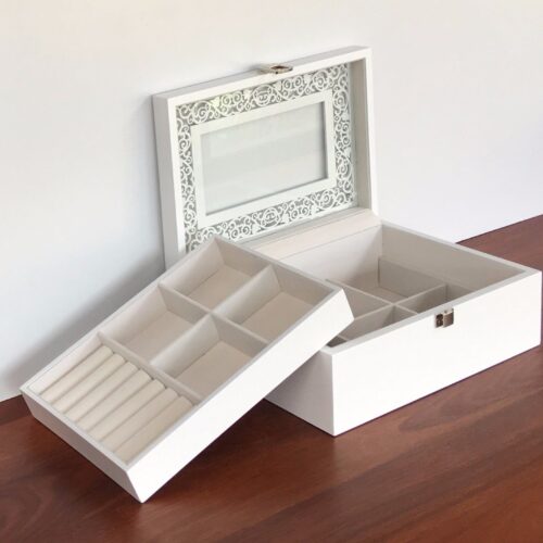 Quality White Glass Top Wooden Jewellery Box with Removable Compartment