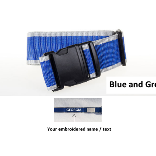 Blue and Grey Personalised Embroidered 2m Luggage Strap